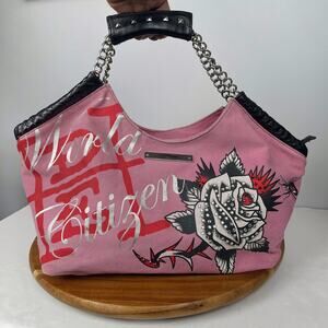Vintage Ed Hardy Becca World Citizen Pink Handbag Purse Canvas Shoulder Bag Y2K